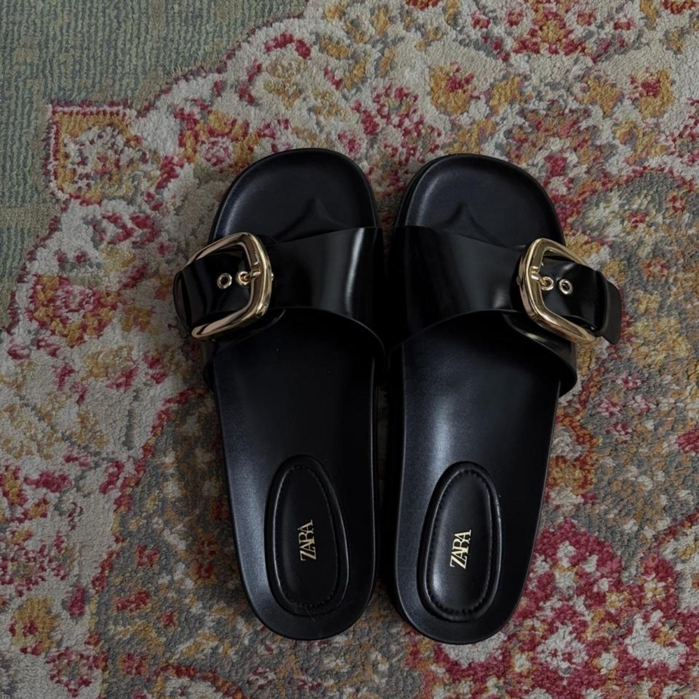 ZARA Black Slide Sandals with Gold Buckle